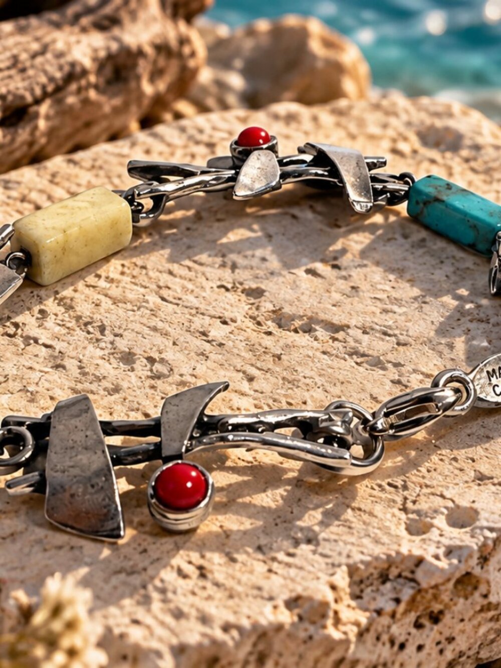 Vintage Sterling Silver Modernist Brutalist Link Bracelet – Turquoise & Red Cabo